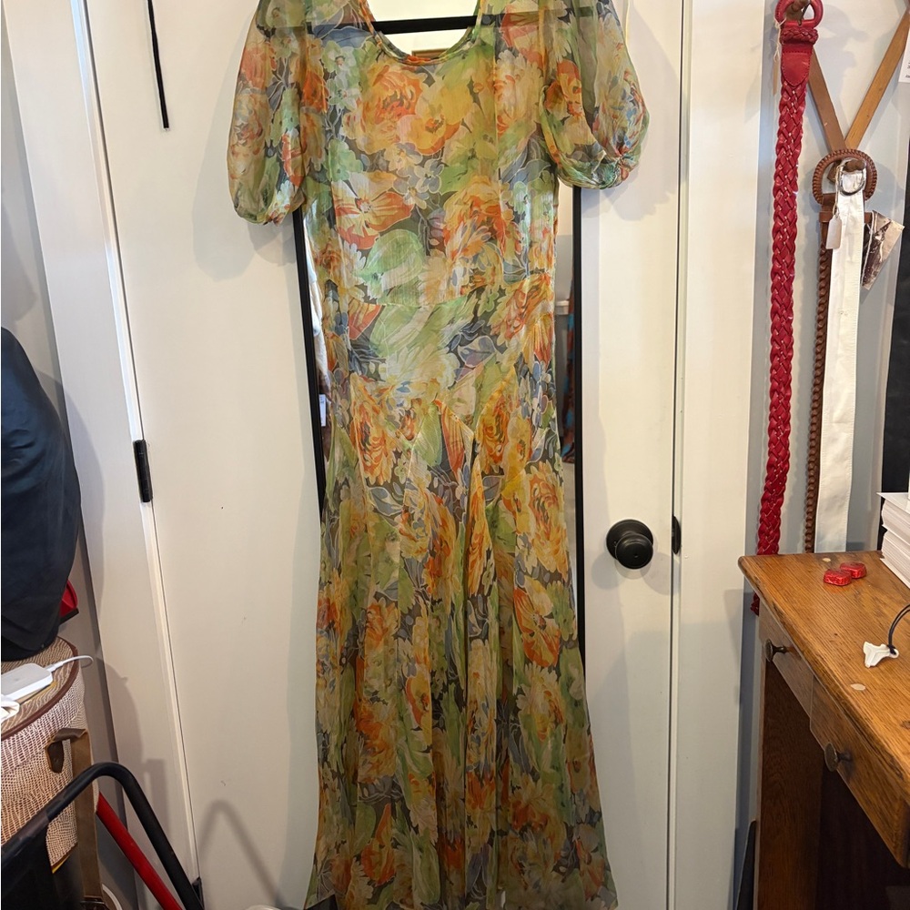 American Vintage Green and Orange Puff Sleeve Maxi Dress